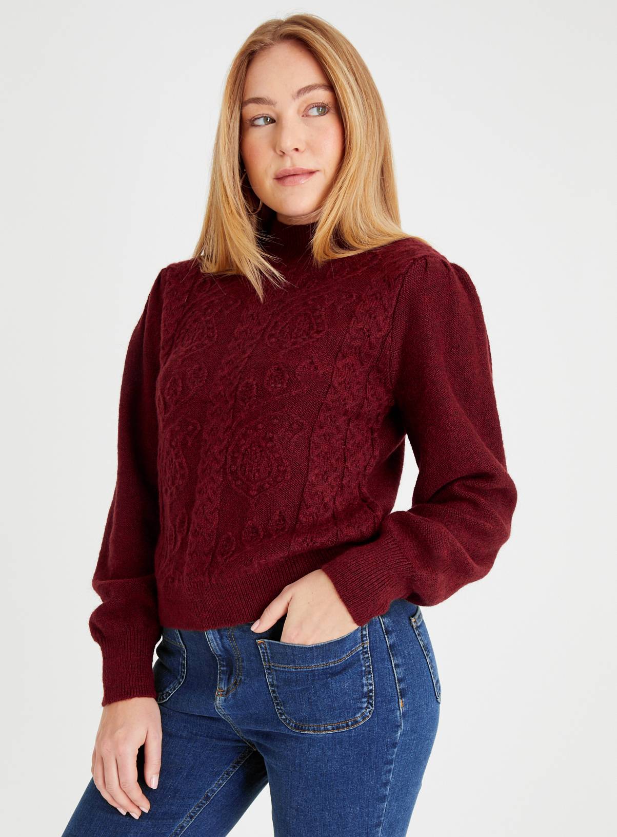 Dark Red Cable Design High Neck Jumper  M - Image 1